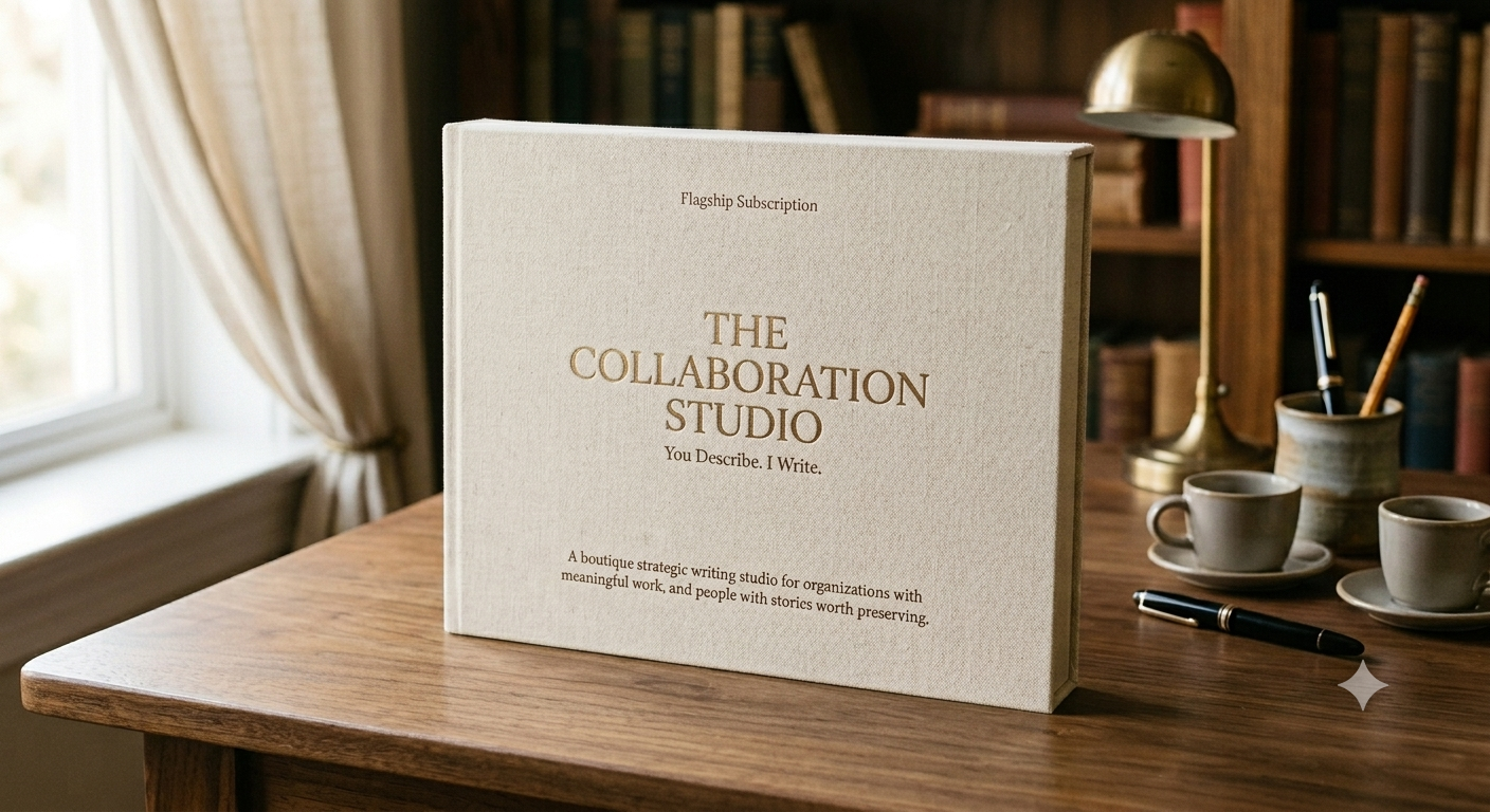 A linen-bound Collaboration Studio portfolio box embossed in gold, resting on a walnut desk beside a brass lamp, fountain pen, and two cups of coffee
